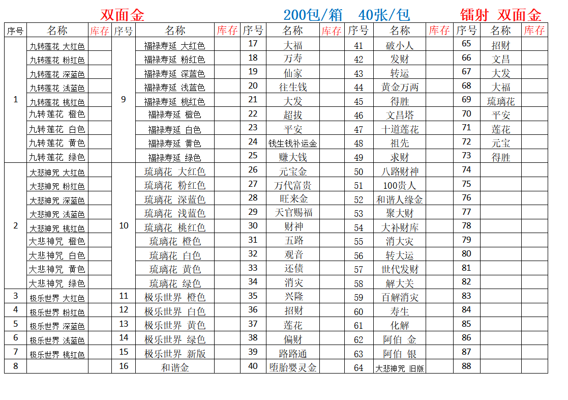 双面金 目录 400张/捆