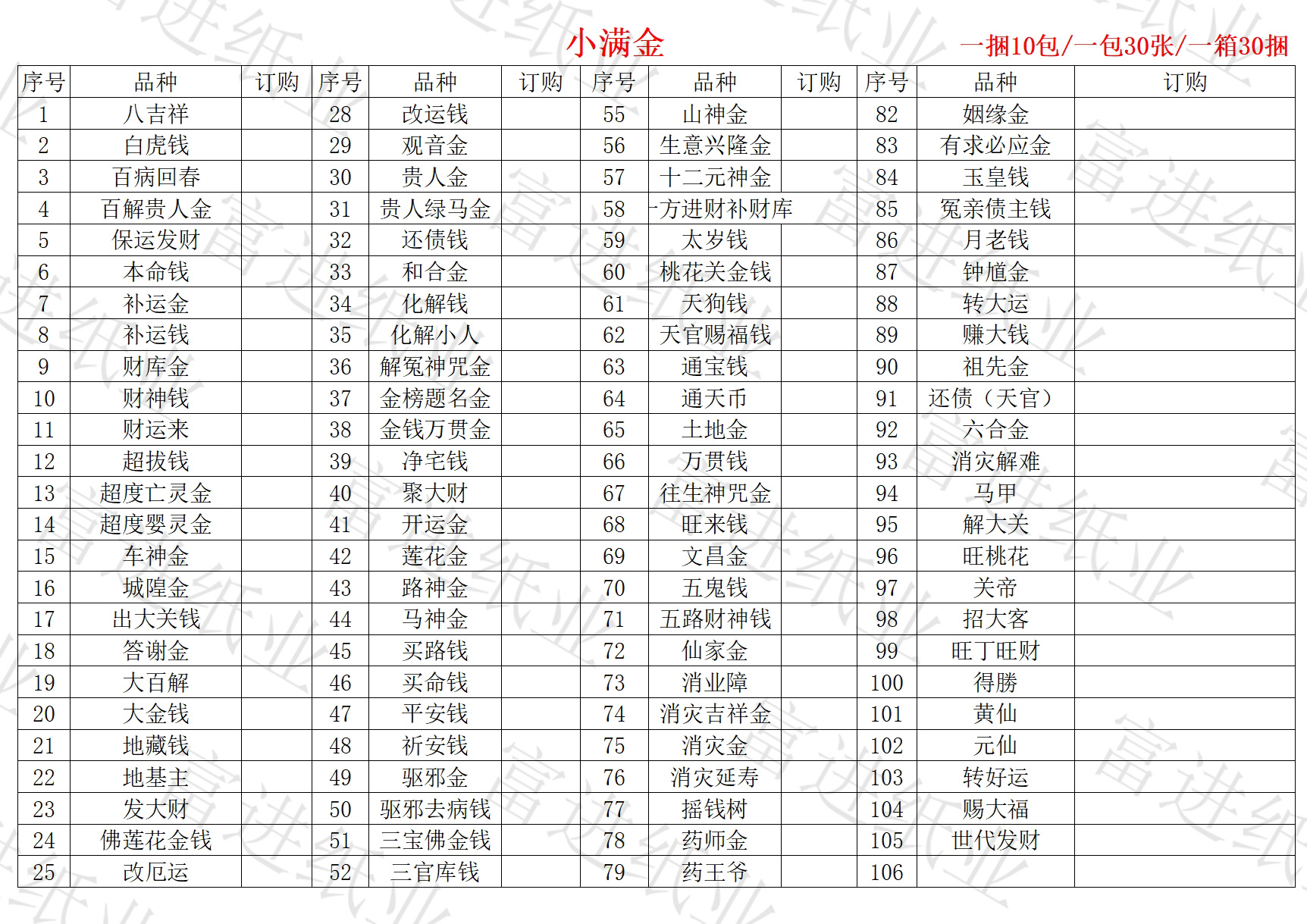 小满金 300张/捆 目录   0.5